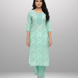 Sea-Green & White Block Print Cotton Kurta Pant Set for Women - Stylish Casual Wear