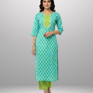 Women's Pure Cotton Printed Straight Kurta with Round Neck - Sea Green/Green | Regular Wear